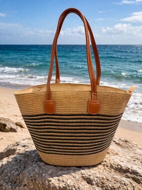 Striped Woven Tote Bag with Brown & Blk